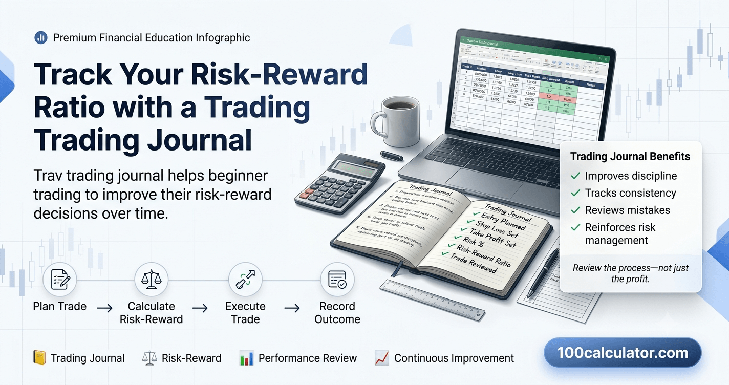 Trading journal notebook next to a laptop spreadsheet logging risk-reward ratio and trade outcomes