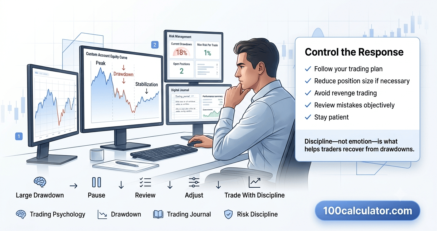 Trader looking stressed while watching a steep decline across multiple trading screens during a large drawdown