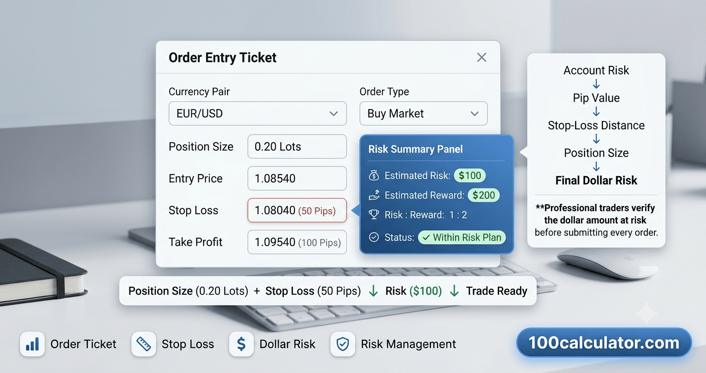 Trading platform order ticket showing lot size, stop-loss distance in pips, and the calculated dollar risk