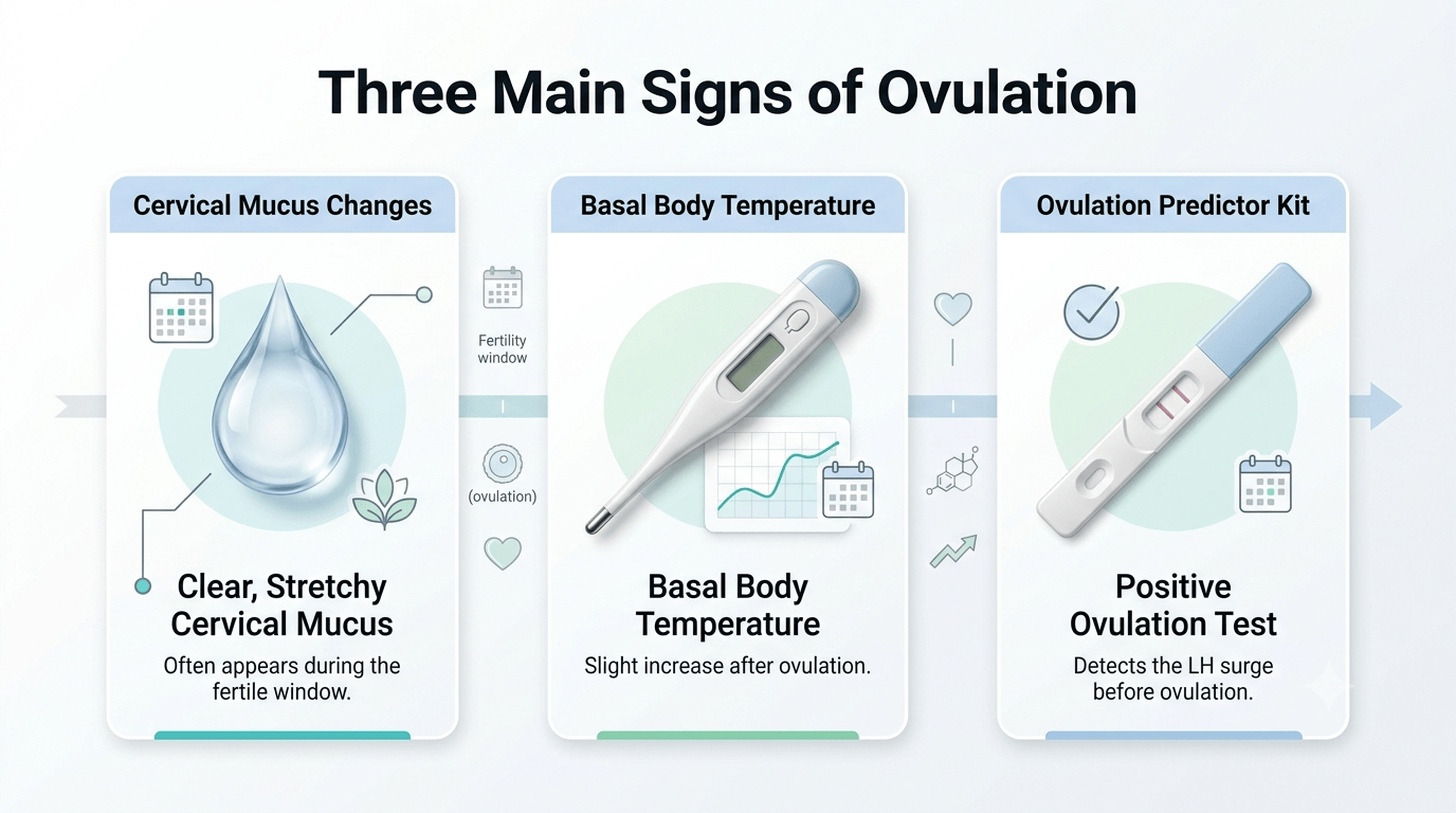 Illustration showing three signs of ovulation side by side: cervical mucus changes, a basal body temperature rise, and a positive ovulation predictor kit