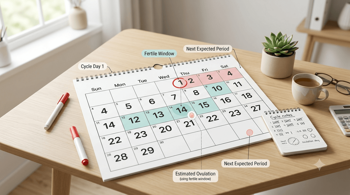 Monthly calendar marking the first day of a cycle and the calculated ovulation day two weeks before the next period