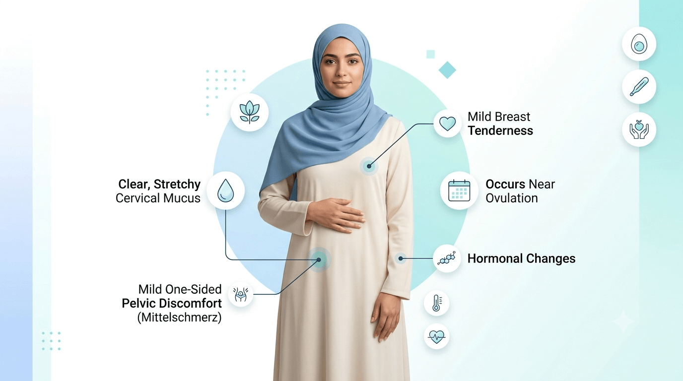 Illustration highlighting common physical signs of ovulation, including cervical mucus changes and mild one-sided pelvic discomfort