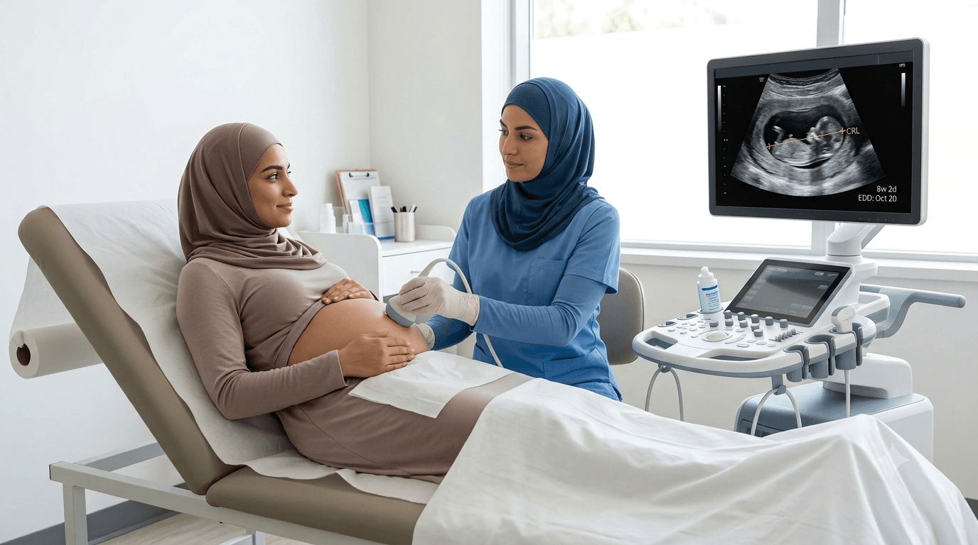 Healthcare provider performing a first-trimester dating ultrasound to confirm an estimated due date