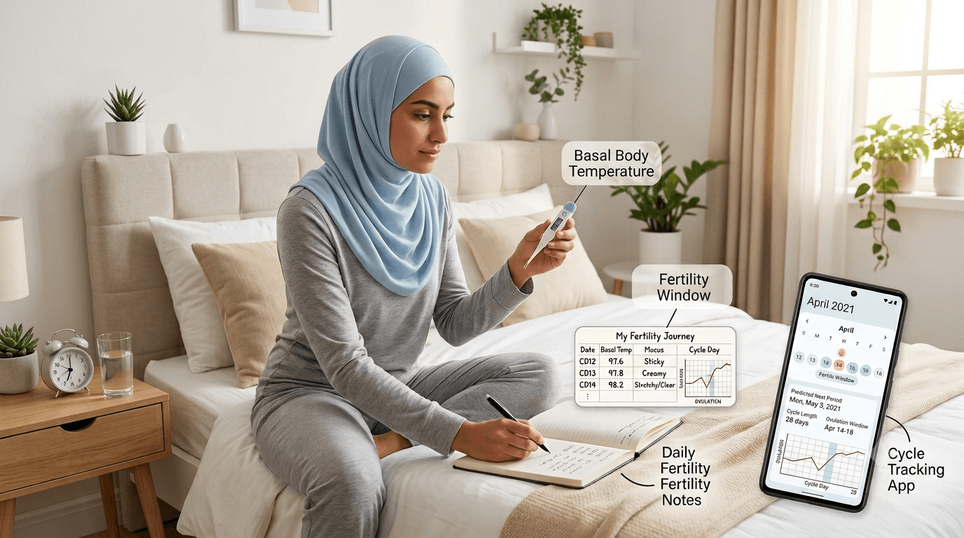 Woman checking her basal body temperature and noting cervical mucus changes to track her fertile window