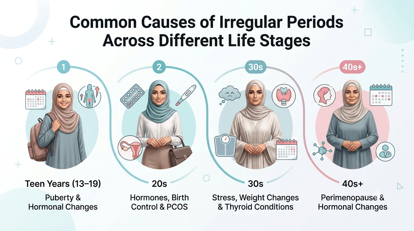 Infographic showing common causes of irregular periods across the teen years, the 20s, the 30s, and 40s and beyond