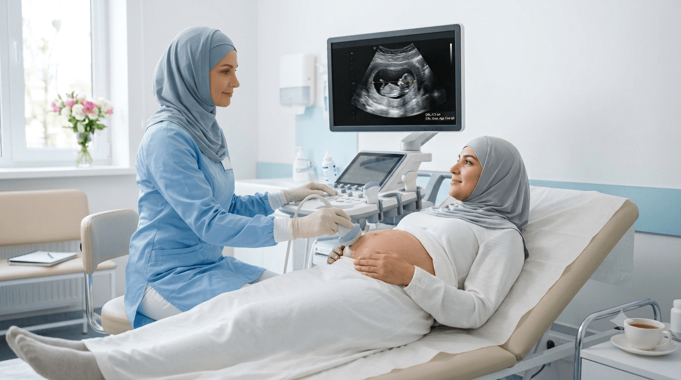 Doctor performing a first-trimester ultrasound scan to measure crown-rump length and confirm a due date
