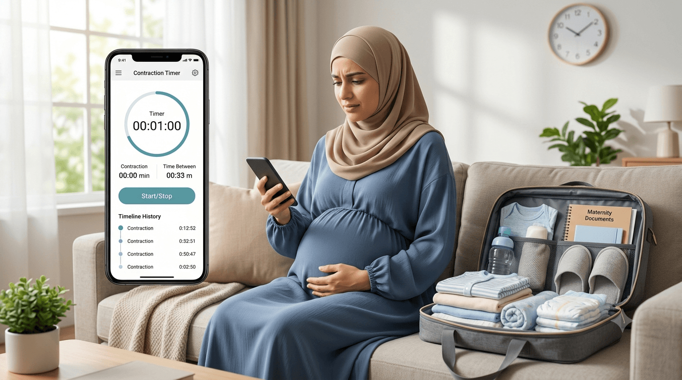 Pregnant woman timing labor contractions on her phone next to a packed hospital bag