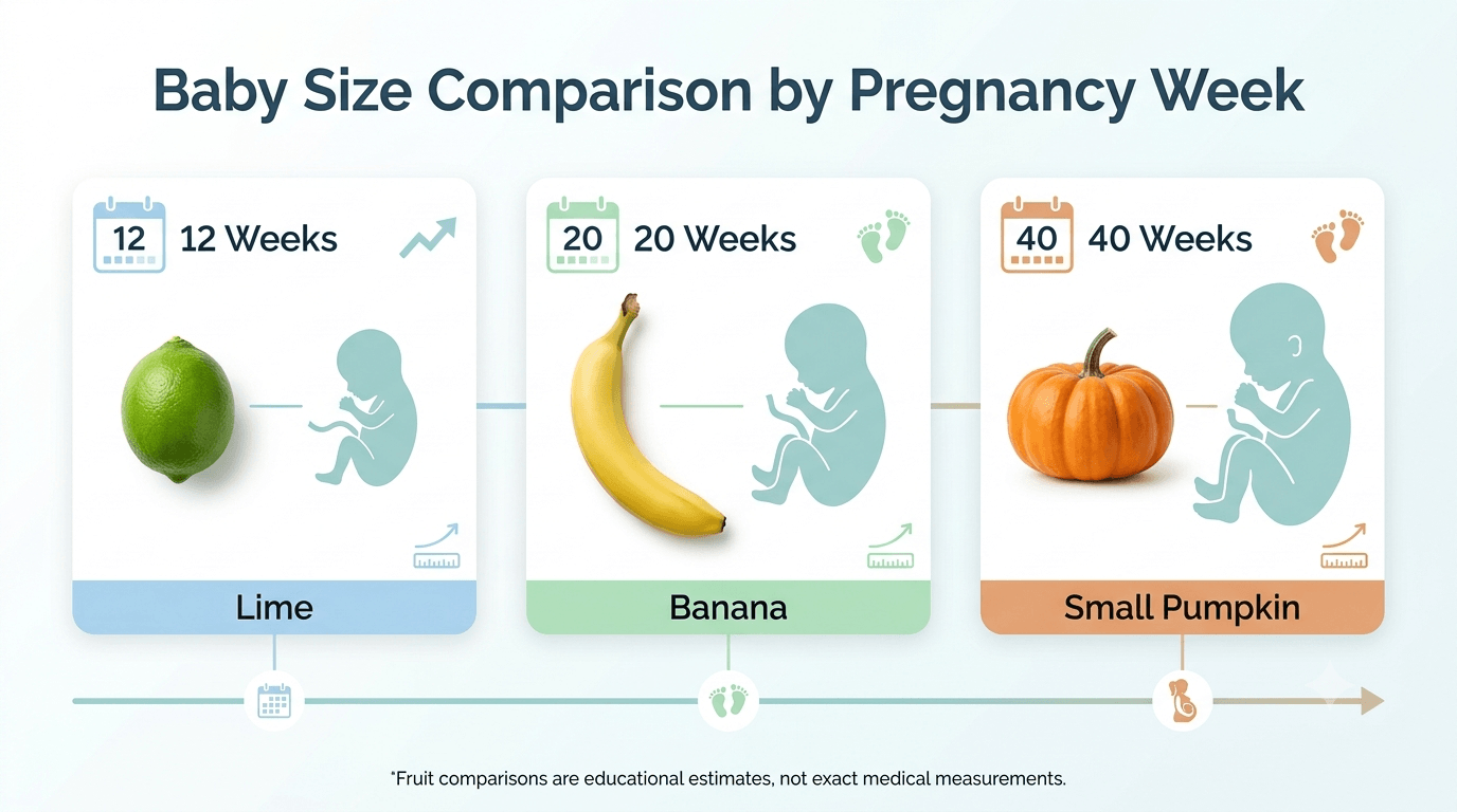 Illustration comparing fetal size to a lime at 12 weeks, a banana at 20 weeks, and a small pumpkin at 40 weeks of pregnancy