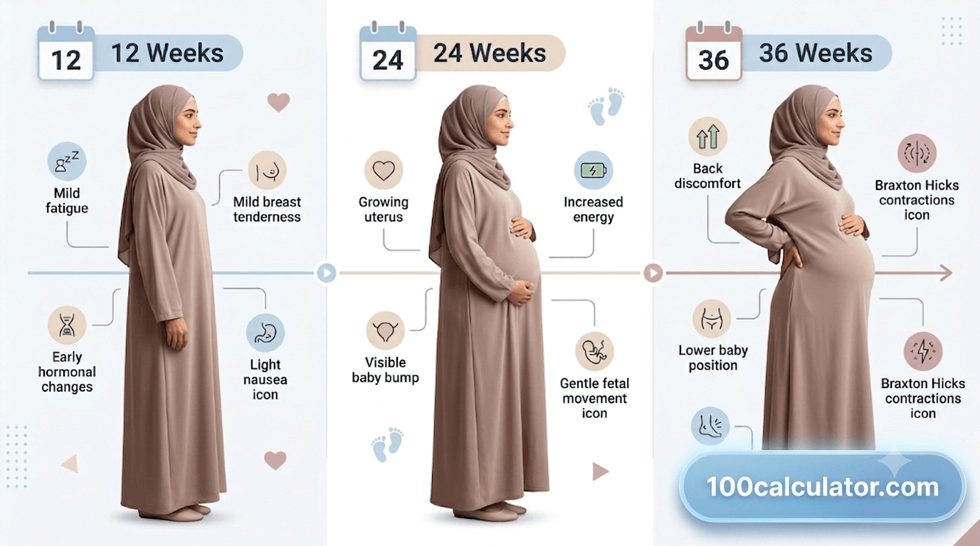 Illustration comparing common body changes at 12, 24, and 36 weeks of pregnancy, including breast tenderness, a rounded bump, and ankle swelling