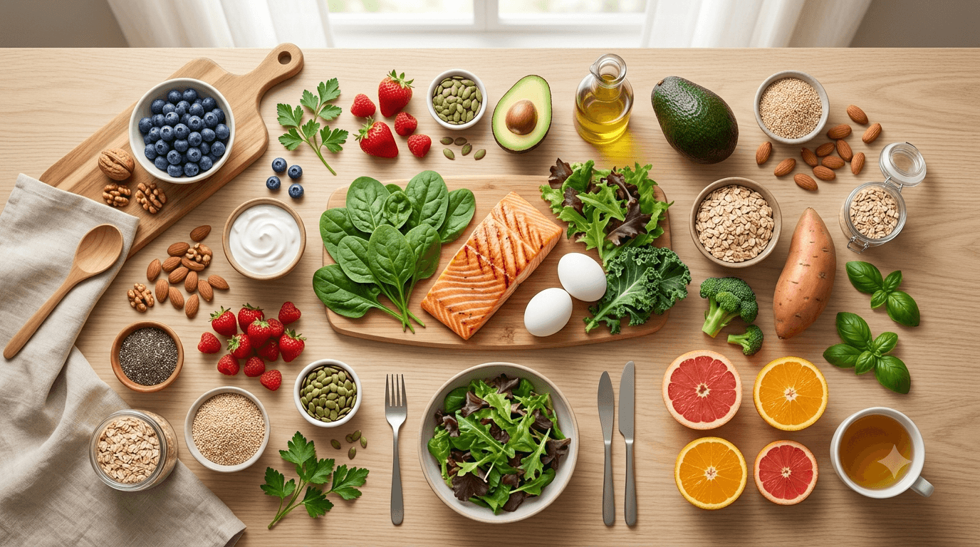 Flat-lay of fertility-friendly foods including leafy greens, salmon, eggs, berries, walnuts, and whole grains